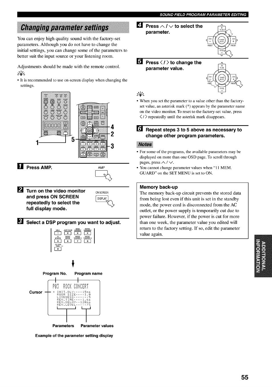 Changing parameter settings | Yamaha RX-V730 User Manual | Page 59 / 71