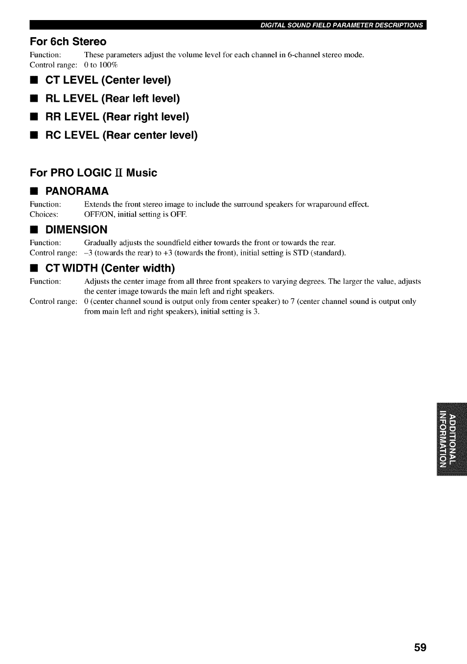 For 6ch stereo, Rr level (rear right level), Rc level (rear center level) | For pro logic n music, Panorama, Dimension, Ctwidth (center width) | Yamaha RX-V730 User Manual | Page 63 / 71