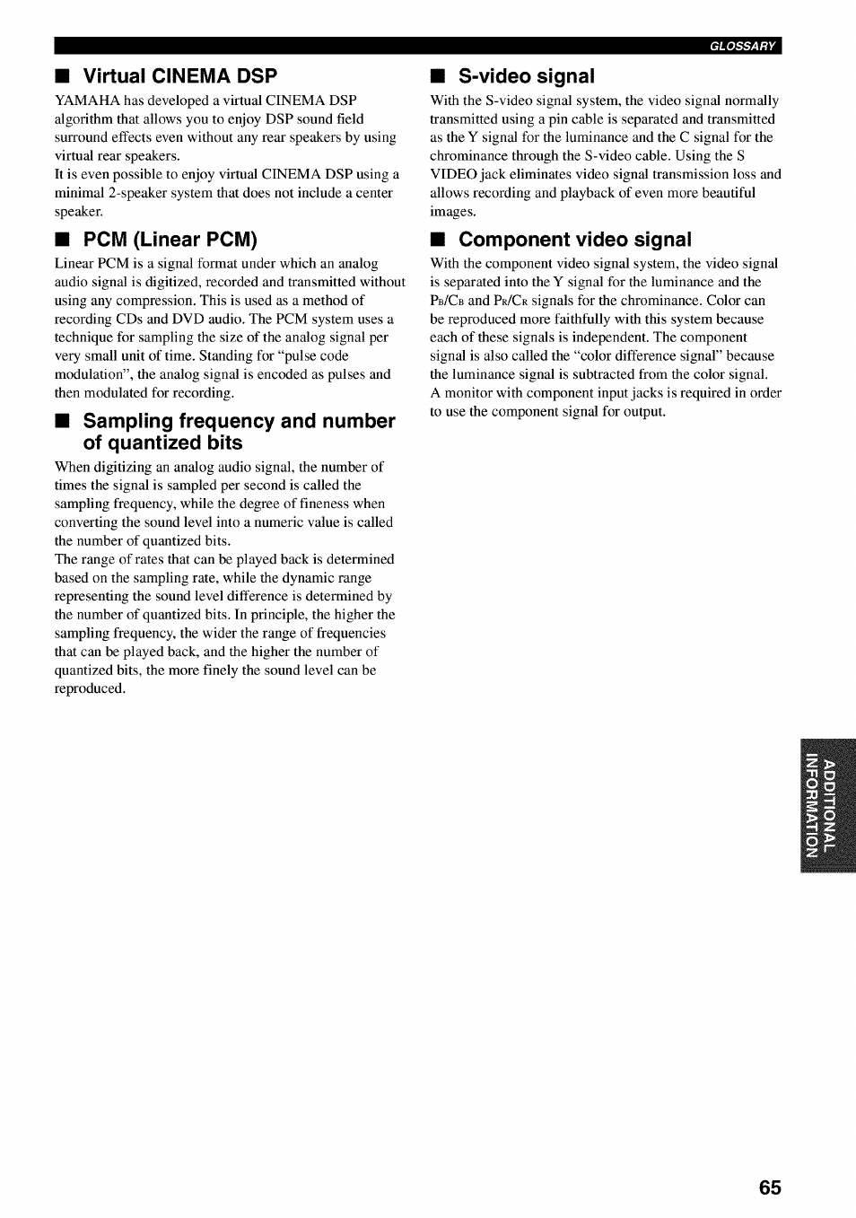 Virtual cinema dsp, Pcm (linear pcm), Sampling frequency and number of quantized bits | S-video signal, Component video signal | Yamaha RX-V730 User Manual | Page 69 / 71