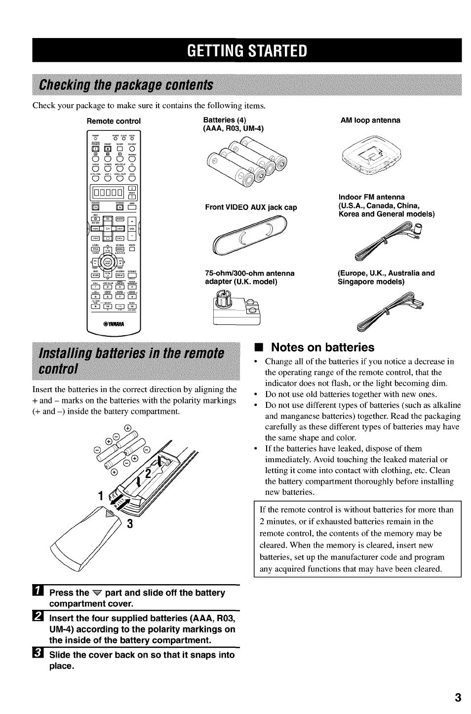 Getting started, Checking the package contents, Installing batteries in the remote control | I notes on batteries | Yamaha RX-V730 User Manual | Page 7 / 71