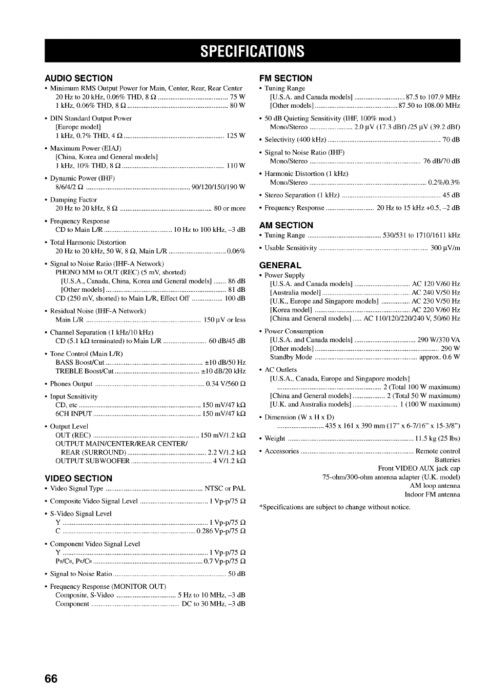 Specifications | Yamaha RX-V730 User Manual | Page 70 / 71