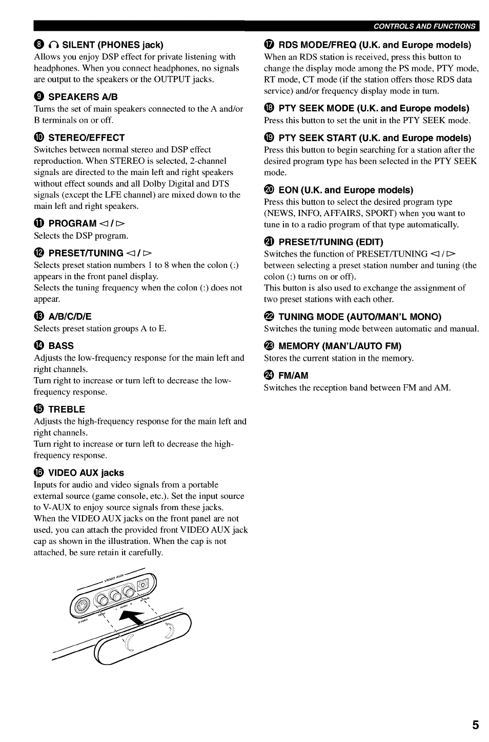 O ri silent (phones jack), Speakers a/b, Stereo/effect | D program c/o, Preset/tuning <1, A/b/c/d/e, Bass, Treble, Video aux jacks, Rds mode/freq (u.k. and europe models) | Yamaha RX-V730 User Manual | Page 9 / 71