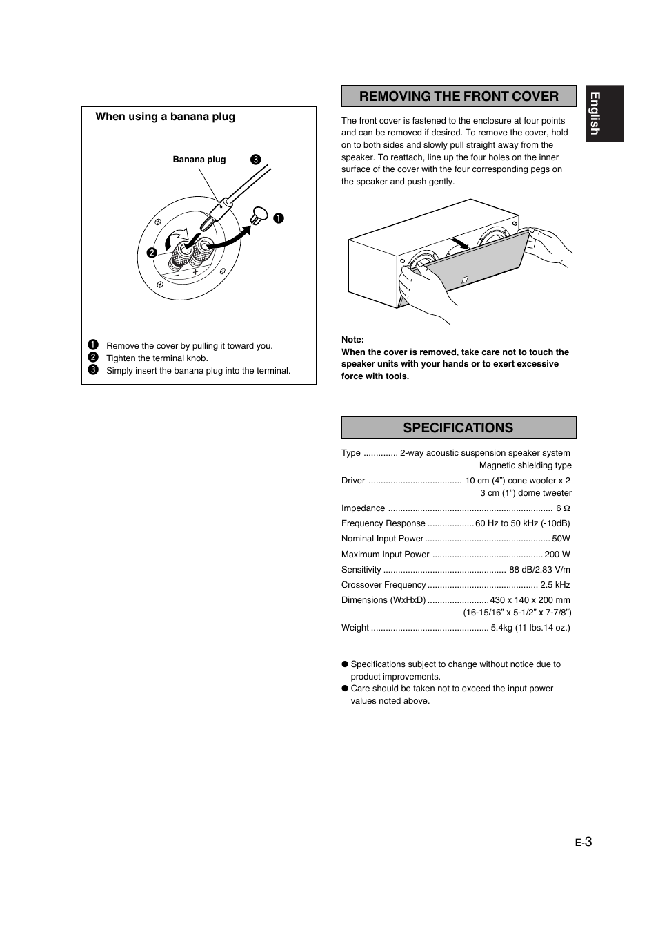 Removing the front cover, Specifications | Yamaha NS C325 User Manual | Page 3 / 3