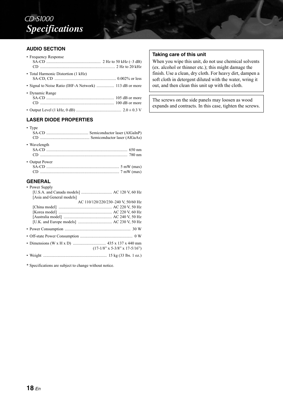 Specifications | Yamaha CD-S1000 User Manual | Page 18 / 29