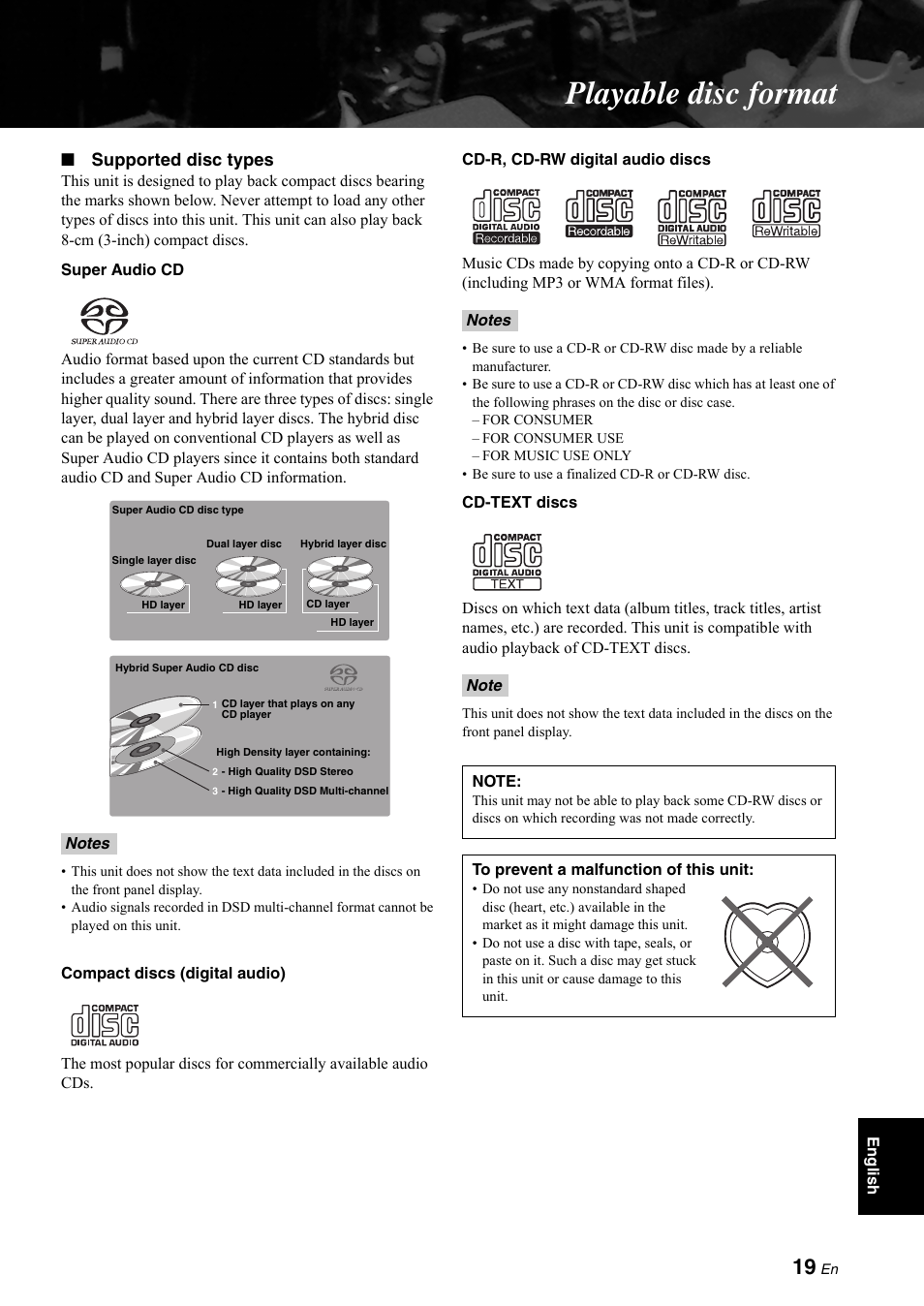 Playable disc format, Supported disc types | Yamaha CD-S1000 User Manual | Page 19 / 29
