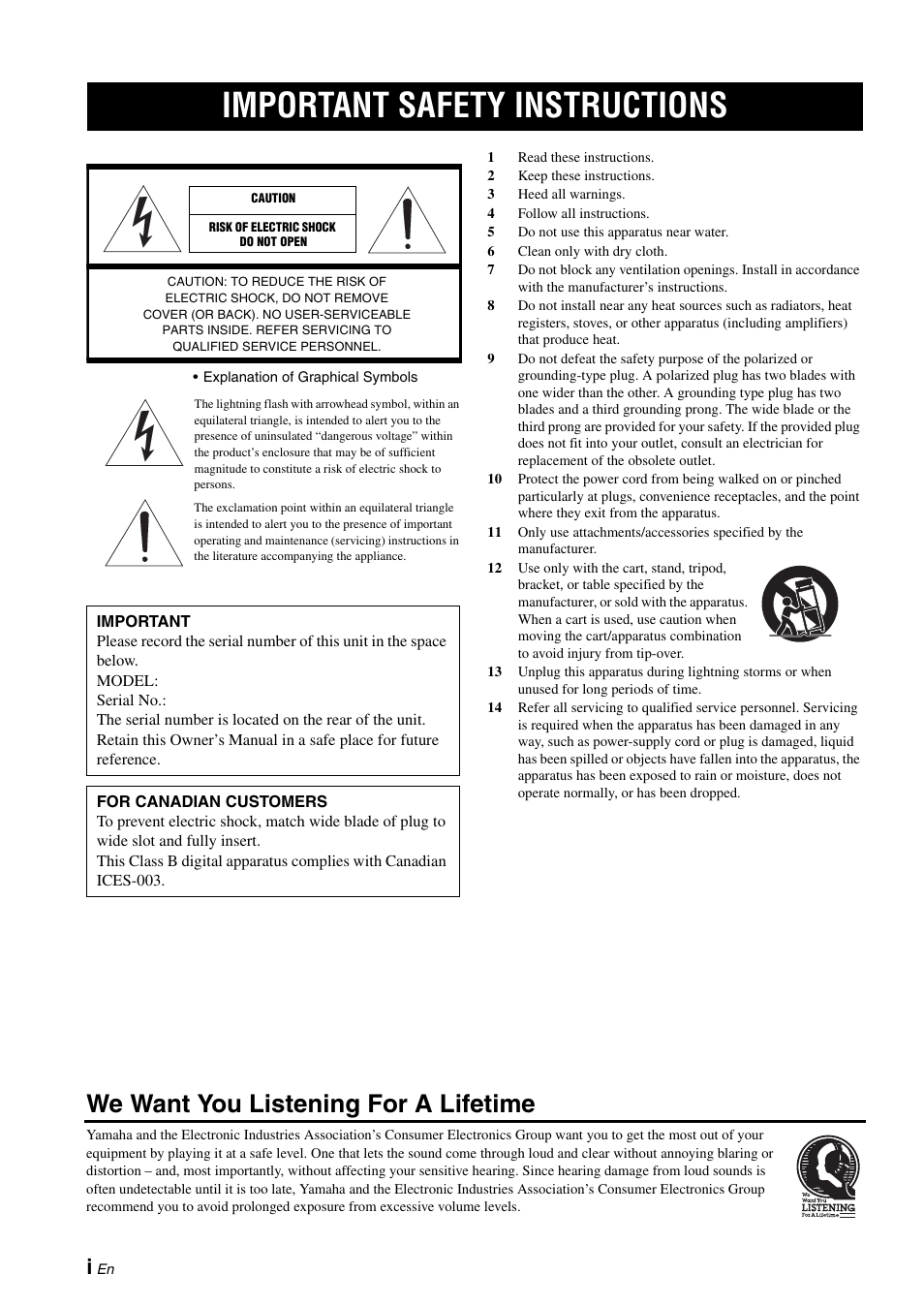 English, Important safety instructions, We want you listening for a lifetime | Yamaha CD-S1000 User Manual | Page 25 / 29