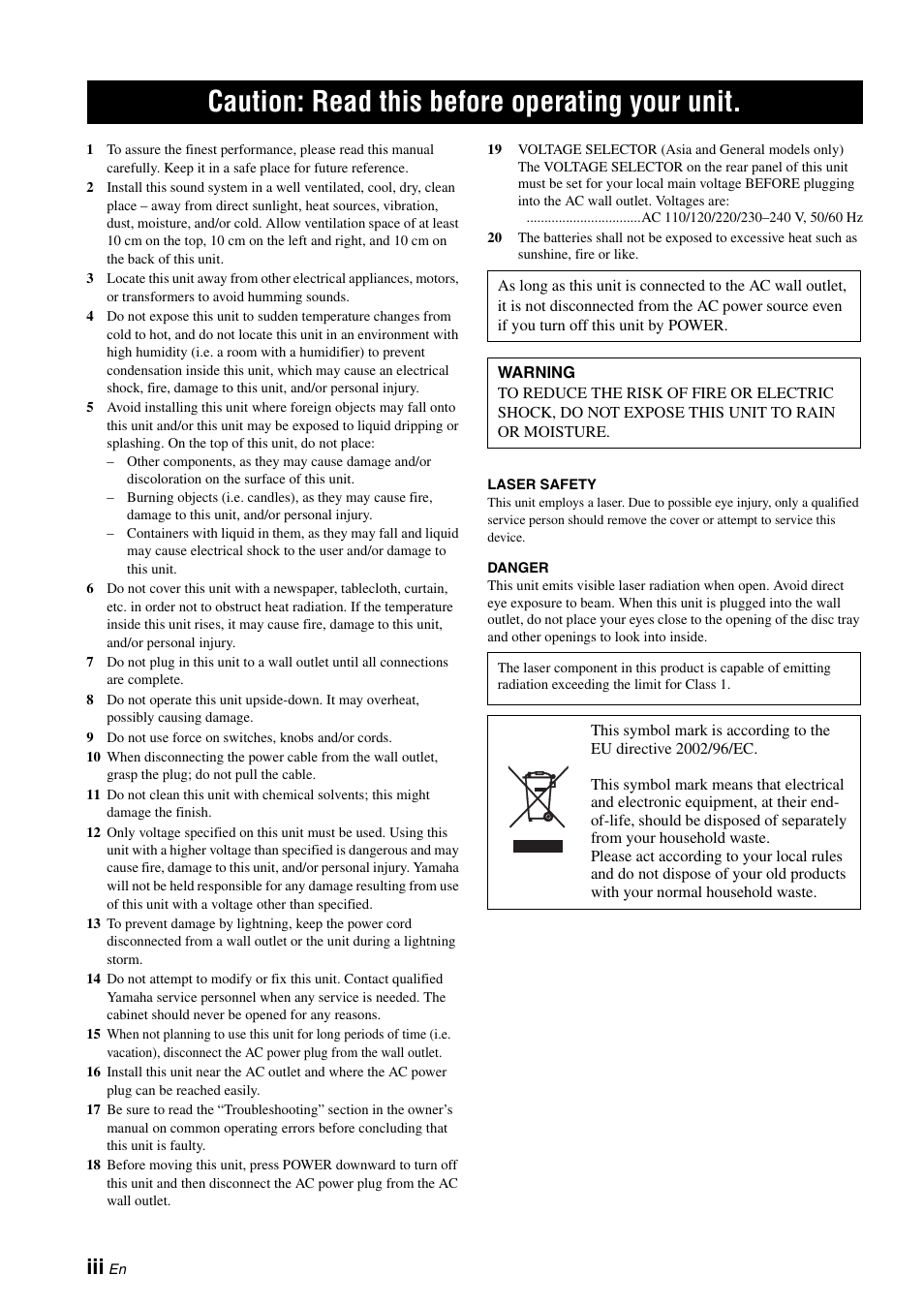 Caution: read this before operating your unit | Yamaha CD-S1000 User Manual | Page 27 / 29