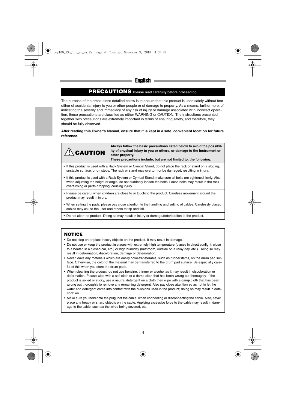 Precautions, English, Caution | Yamaha PCY100 EN User Manual | Page 4 / 13