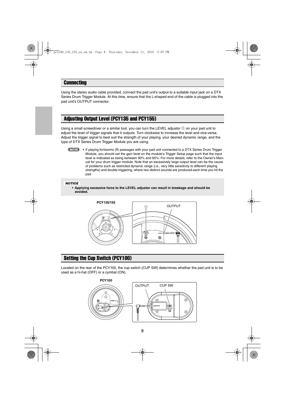 Connecting, Adjusting output level (pcy135 and pcy155), Setting the cup switch (pcy100) | Yamaha PCY100 EN User Manual | Page 8 / 13