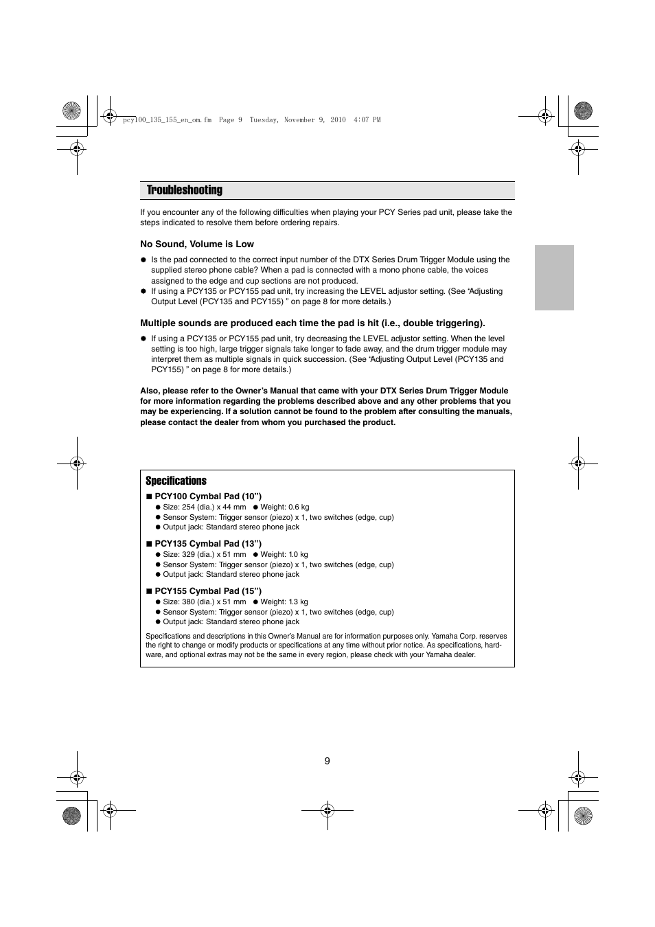 Troubleshooting, Specifications | Yamaha PCY100 EN User Manual | Page 9 / 13