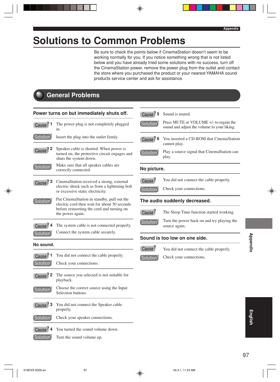 Appendix, Solutions to common problems, General problems | Yamaha DVX-S200 User Manual | Page 101 / 115