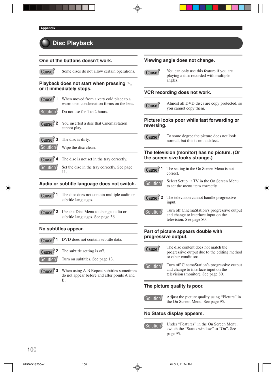 Disc playback | Yamaha DVX-S200 User Manual | Page 104 / 115