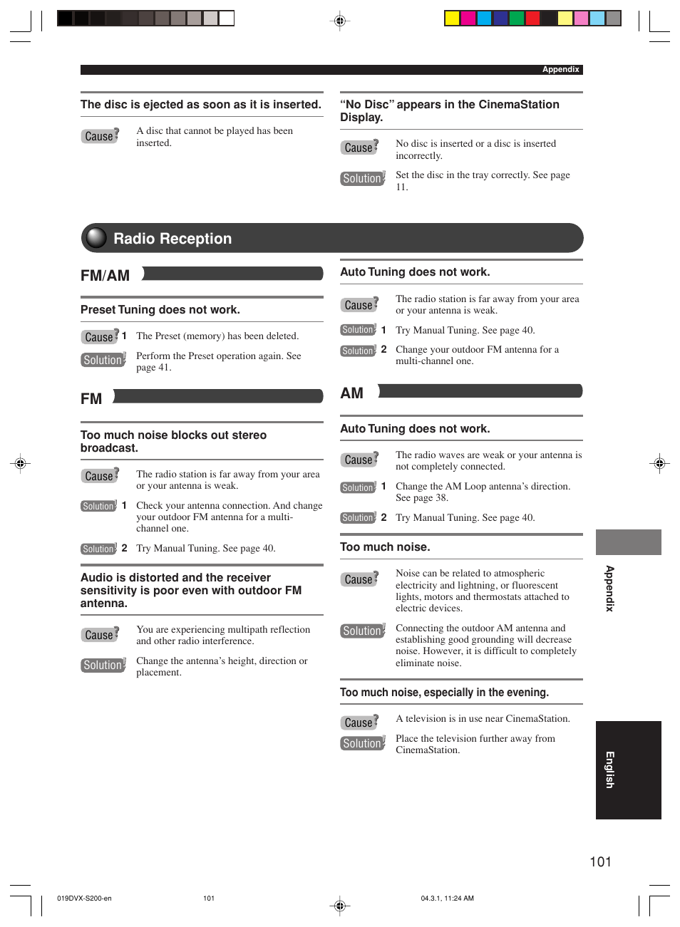 Radio reception, Fm/am | Yamaha DVX-S200 User Manual | Page 105 / 115