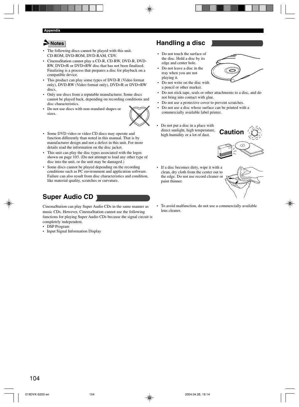 Caution handling a disc, Super audio cd | Yamaha DVX-S200 User Manual | Page 108 / 115