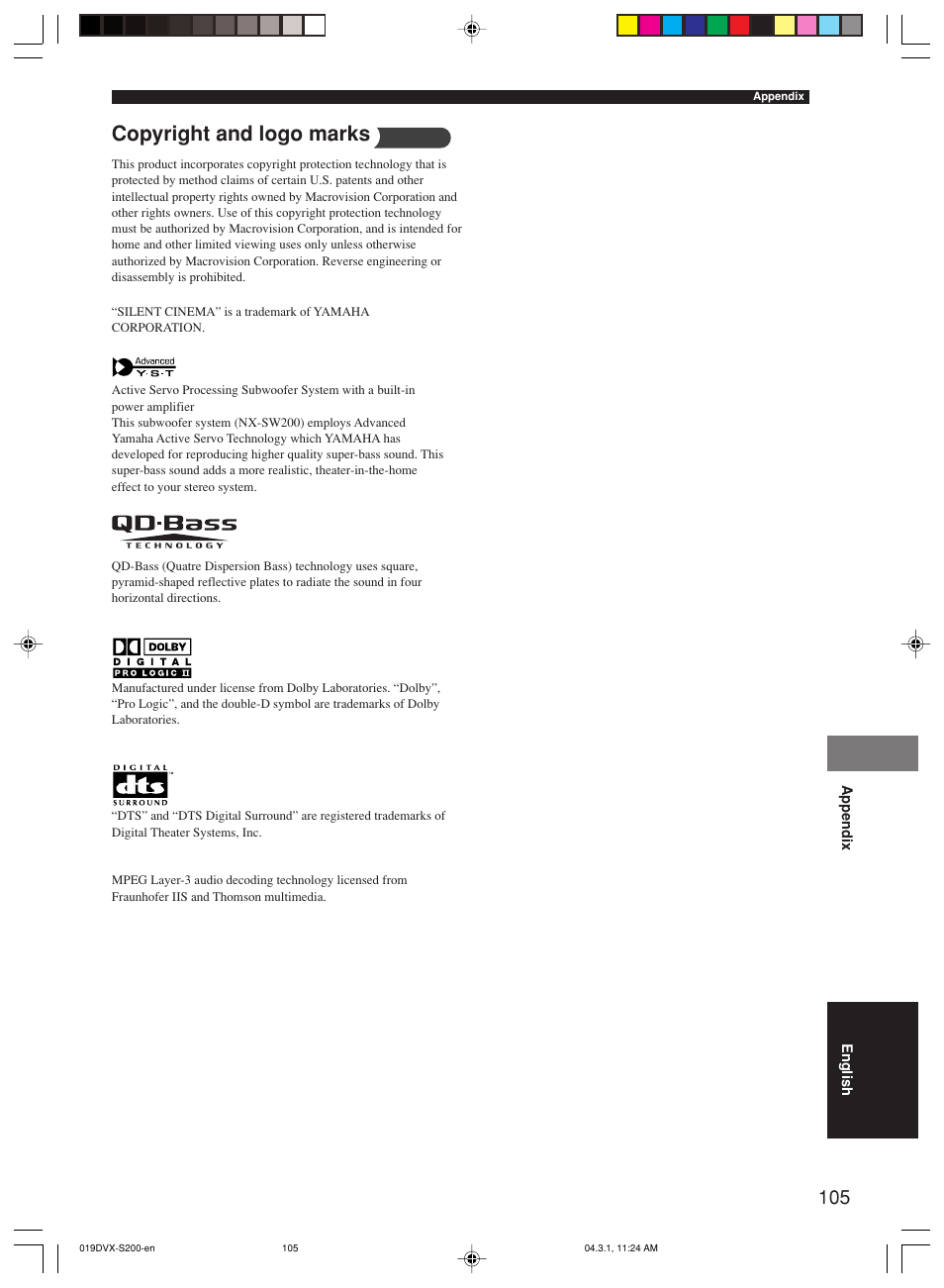 Copyright and logo marks | Yamaha DVX-S200 User Manual | Page 109 / 115