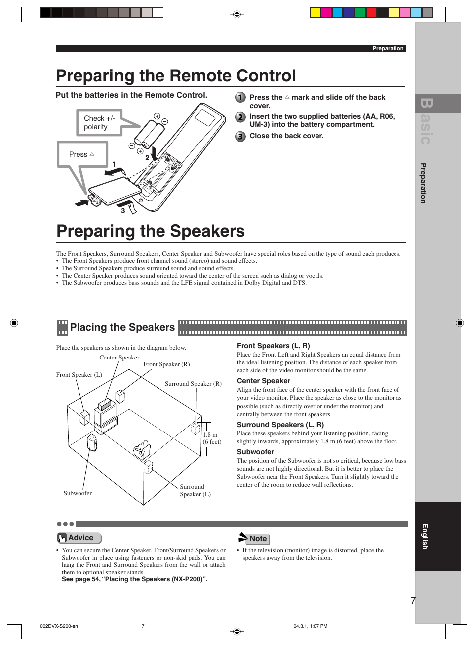 Preparing the remote control, Preparing the speakers, Placing the speakers | B asic | Yamaha DVX-S200 User Manual | Page 11 / 115