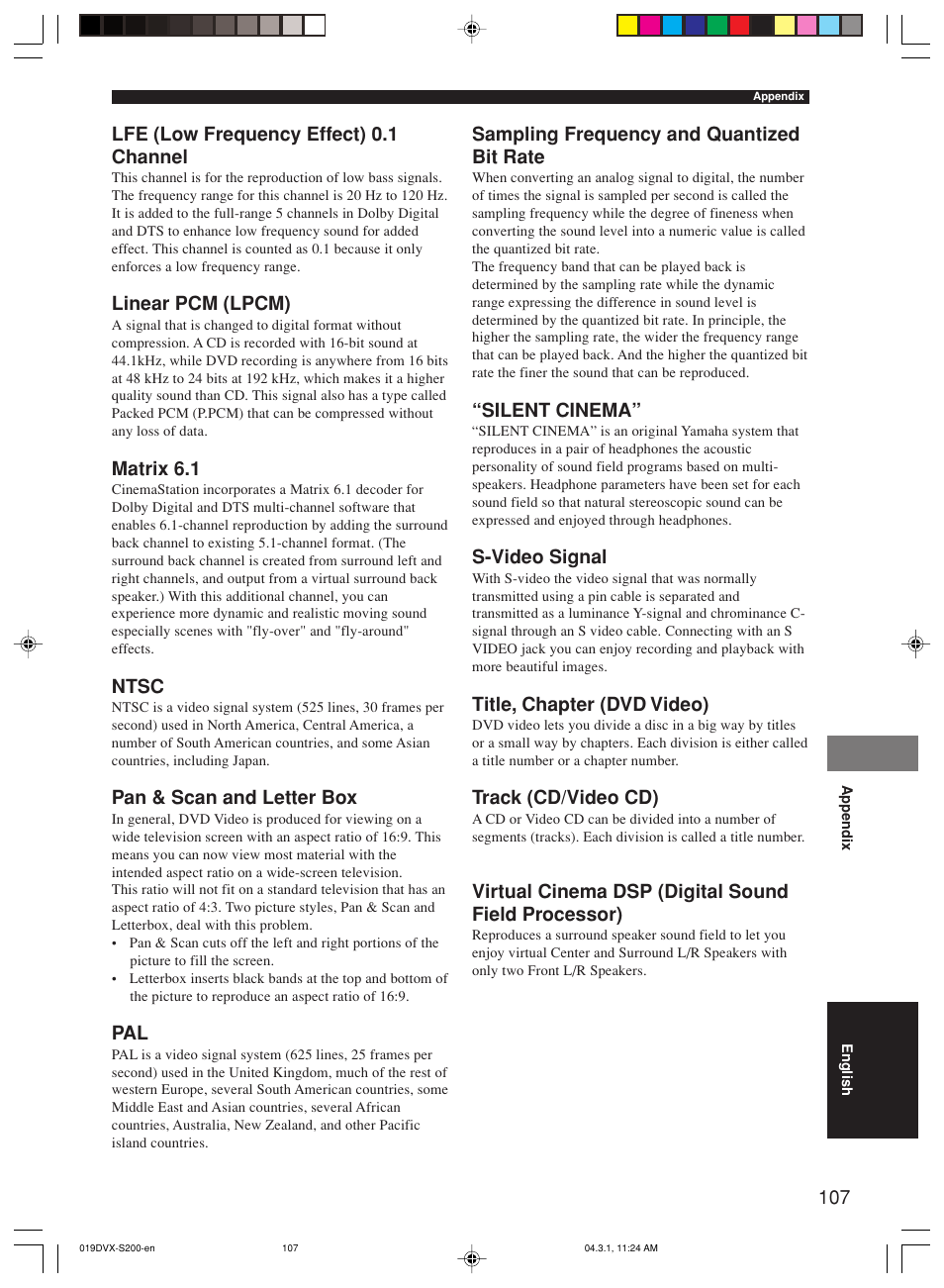 Lfe (low frequency effect) 0.1 channel, Linear pcm (lpcm), Matrix 6.1 | Ntsc, Pan & scan and letter box, Sampling frequency and quantized bit rate, Silent cinema, S-video signal, Title, chapter (dvd video), Track (cd/video cd) | Yamaha DVX-S200 User Manual | Page 111 / 115