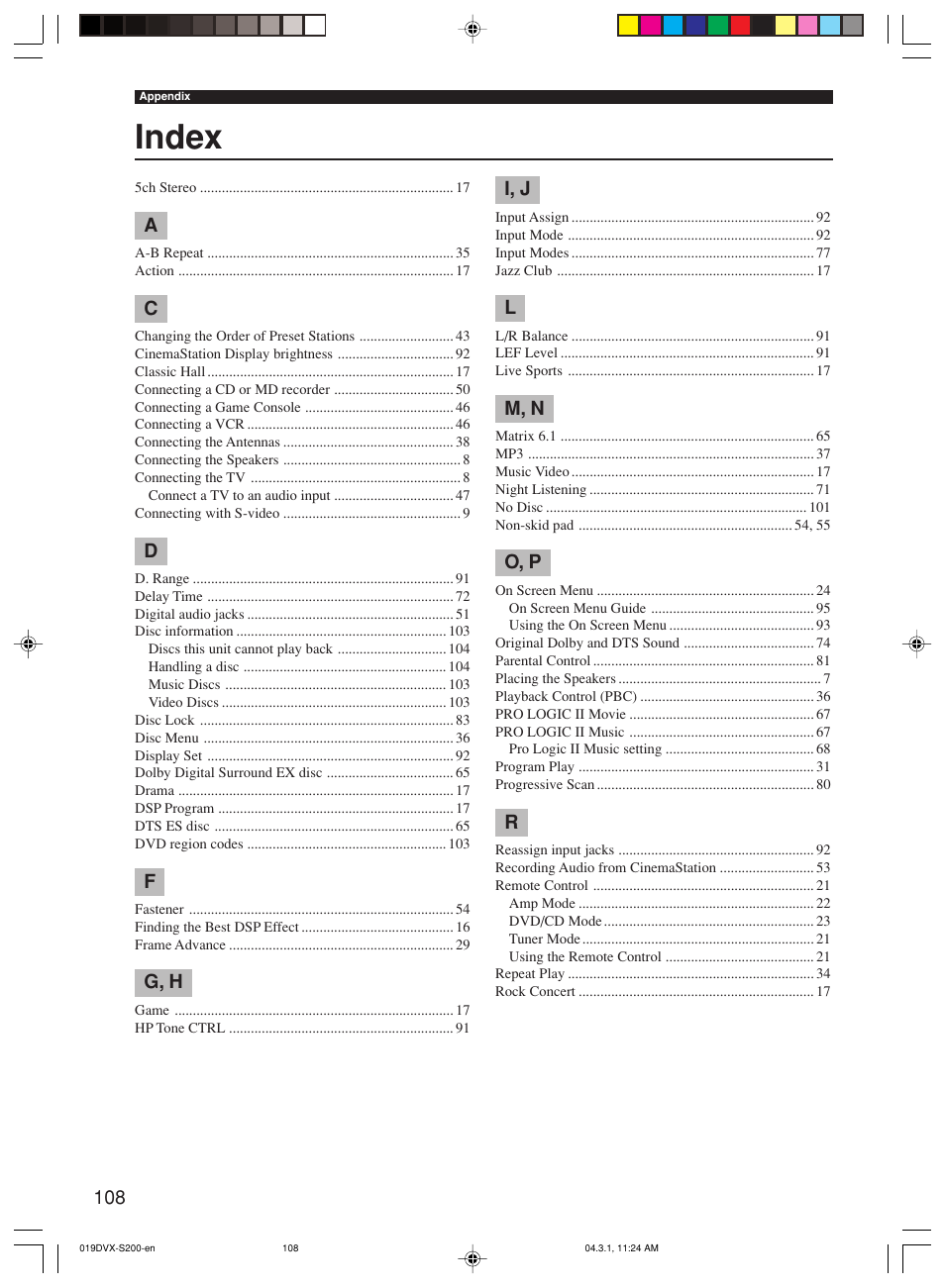 Index, G, h, I, j | M, n, O, p | Yamaha DVX-S200 User Manual | Page 112 / 115