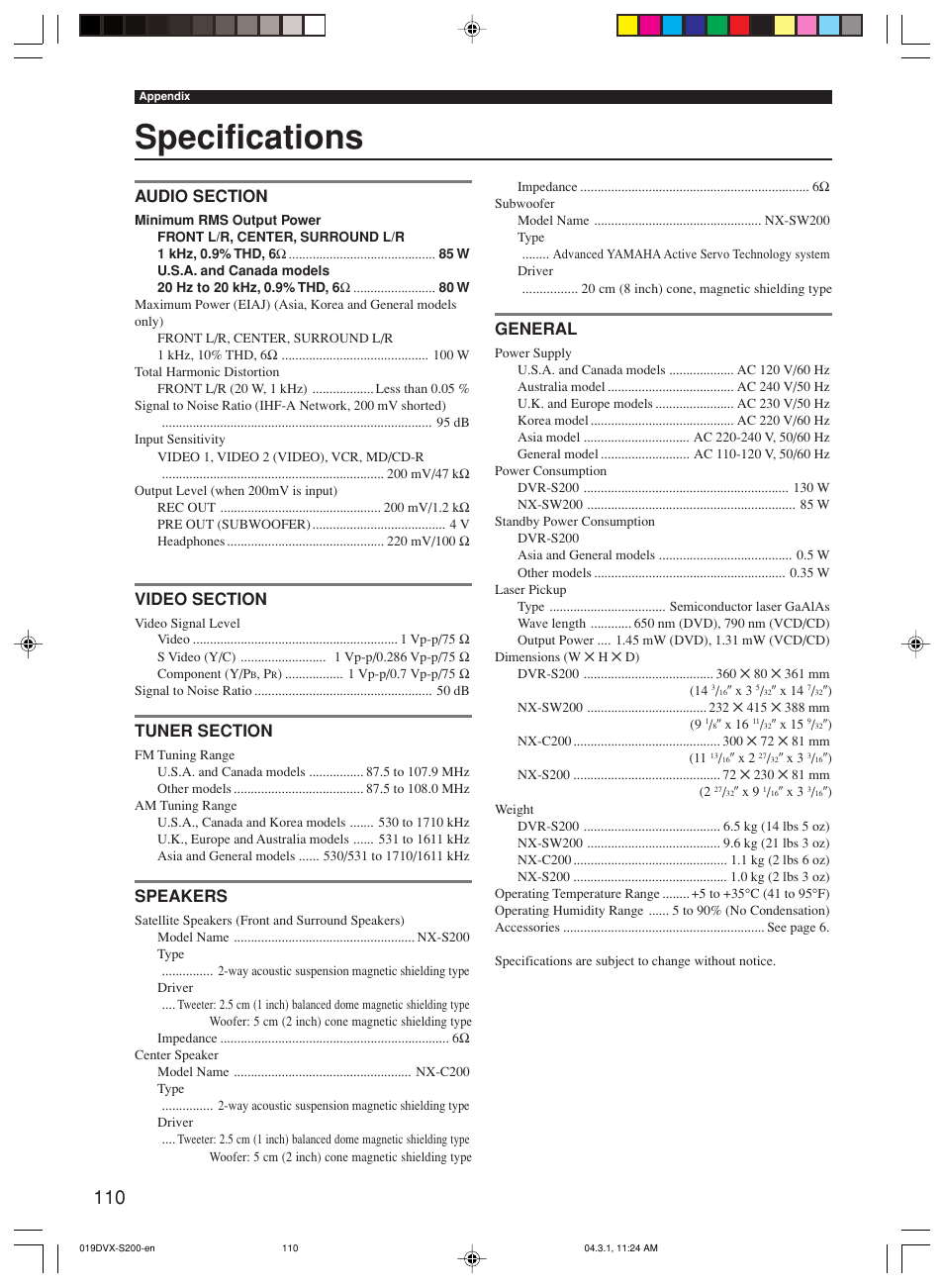 Specifications, Speakers, General | Yamaha DVX-S200 User Manual | Page 114 / 115