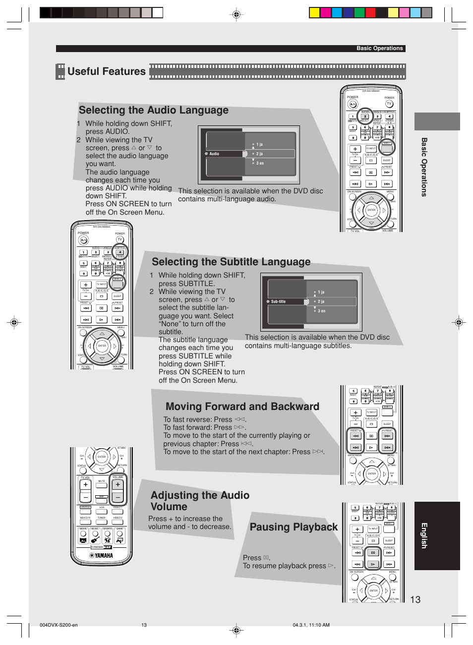 Useful features, Selecting the audio language, Selecting the subtitle language | Moving forward and backward, Adjusting the audio volume, Pausing playback, Handy features, Useful features selecting the audio language, Basic operations, English | Yamaha DVX-S200 User Manual | Page 17 / 115