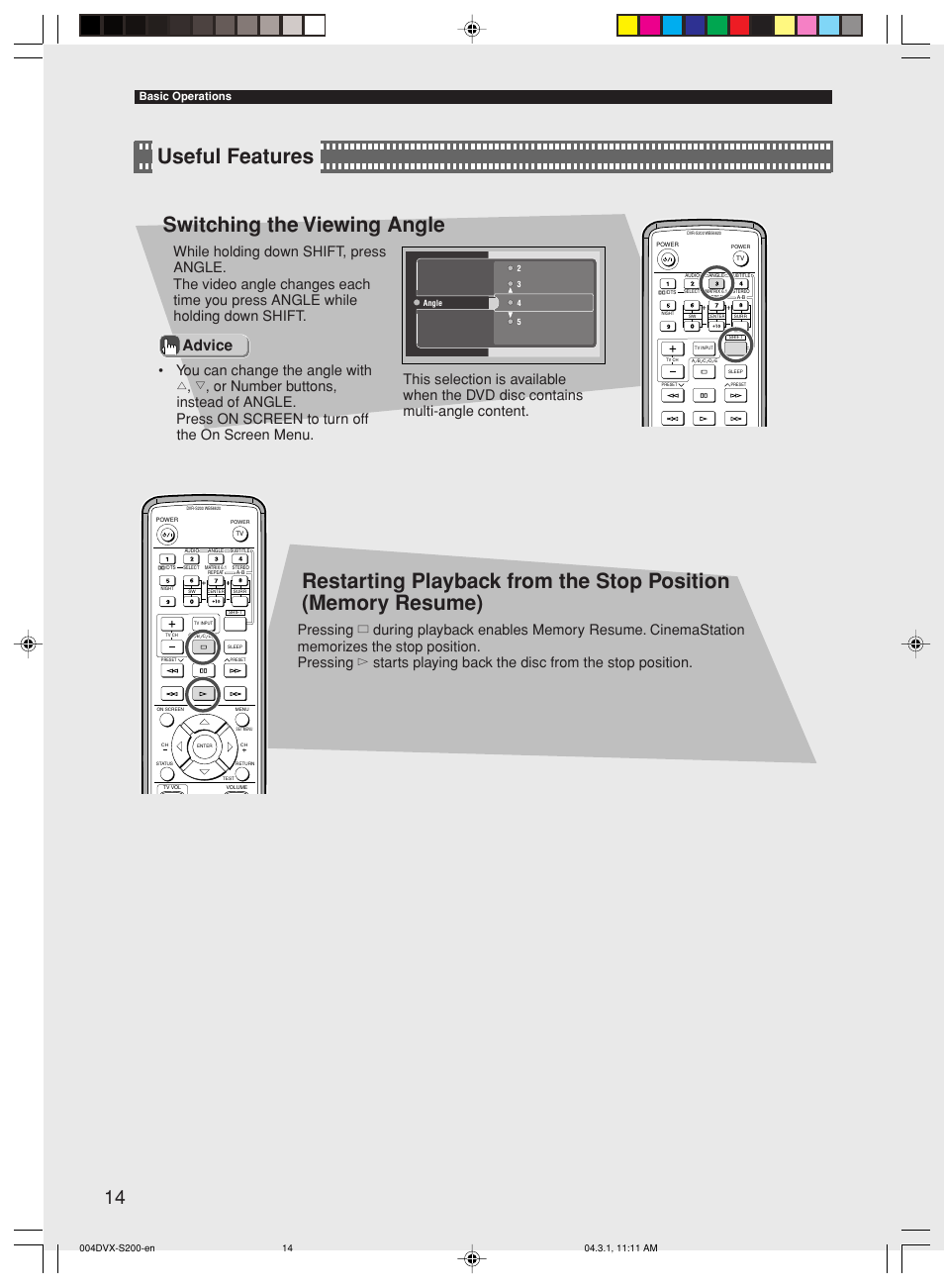 Switching the viewing angle, Handy features, Useful features switching the viewing angle | Advice, Basic operations | Yamaha DVX-S200 User Manual | Page 18 / 115