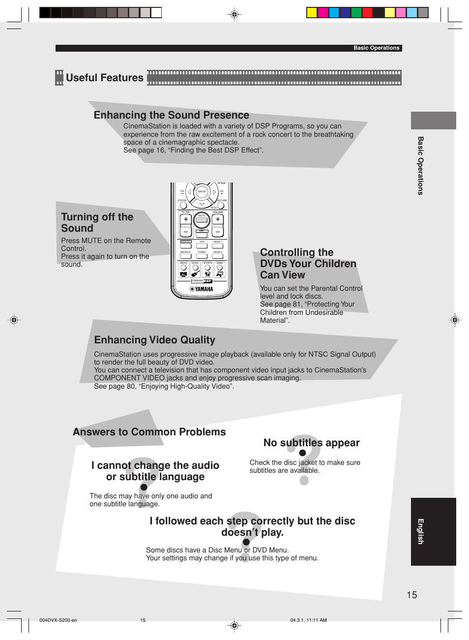 Enhancing the sound presence, Turning off the sound, Controlling the dvds your children can view | Enhancing video quality, Answers to common problems, Try it out, Useful features enhancing the sound presence, No subtitles appear | Yamaha DVX-S200 User Manual | Page 19 / 115