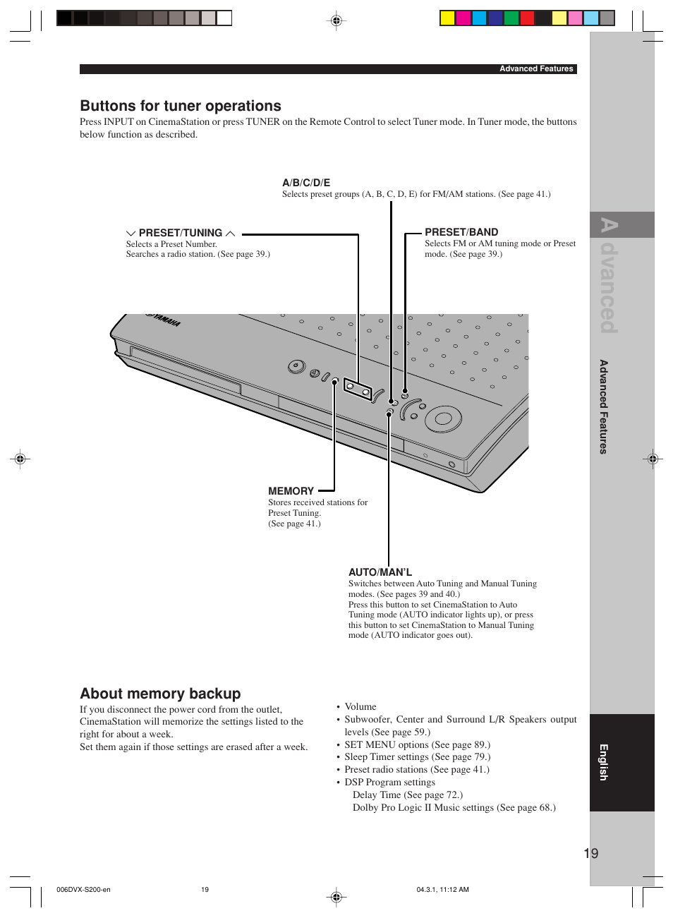 Ad v anced, Buttons for tuner operations | Yamaha DVX-S200 User Manual | Page 23 / 115