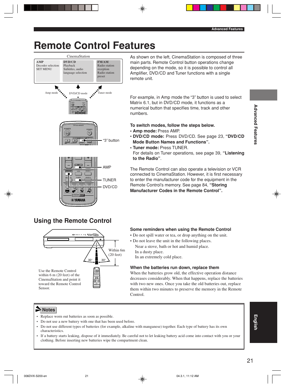 Remote control features, Using the remote control, Ad v anced features | English, Cinemastation, 3” button within 6m (20 feet), Tuner amp dvd/cd | Yamaha DVX-S200 User Manual | Page 25 / 115