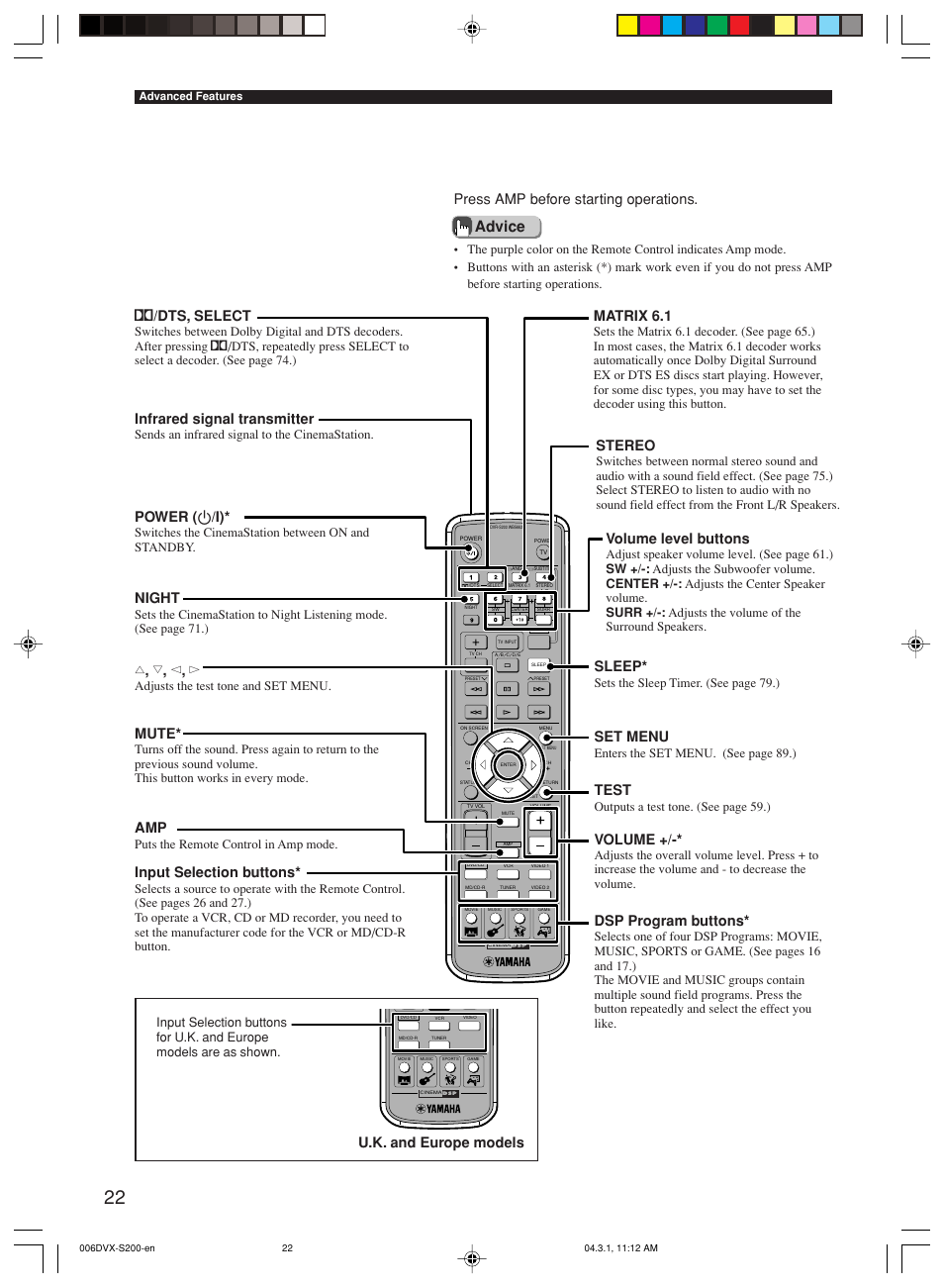 Amp mode button names and functions, Advice, Press amp before starting operations | Dsp program buttons, Volume, Test, Set menu, Sleep, Volume level buttons, Stereo | Yamaha DVX-S200 User Manual | Page 26 / 115