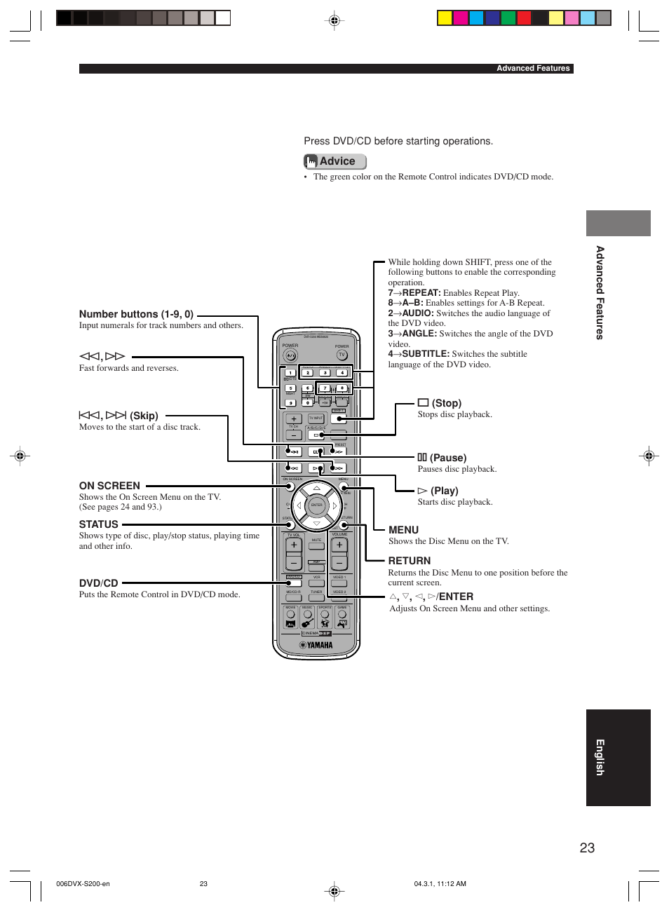 Dvd/cd mode button names and functions, Advice, Ad v anced features | Press dvd/cd before starting operations, Status, Dvd/cd, S(stop), E(pause), H(play), Menu | Yamaha DVX-S200 User Manual | Page 27 / 115