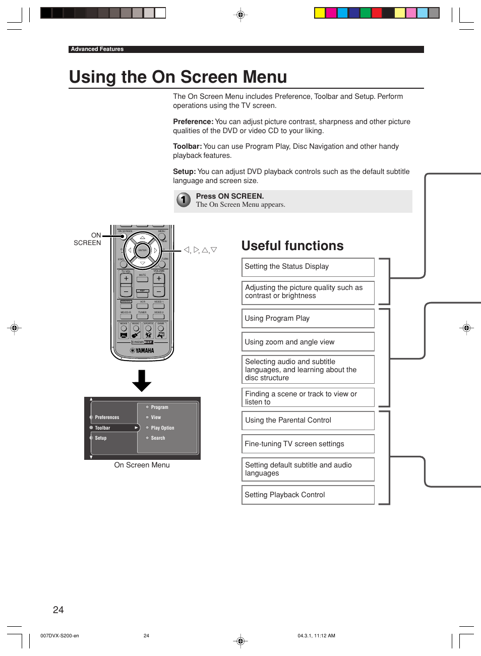 Using the on screen menu, Useful functions, Press on screen. the on screen menu appears | Setting default subtitle and audio languages | Yamaha DVX-S200 User Manual | Page 28 / 115