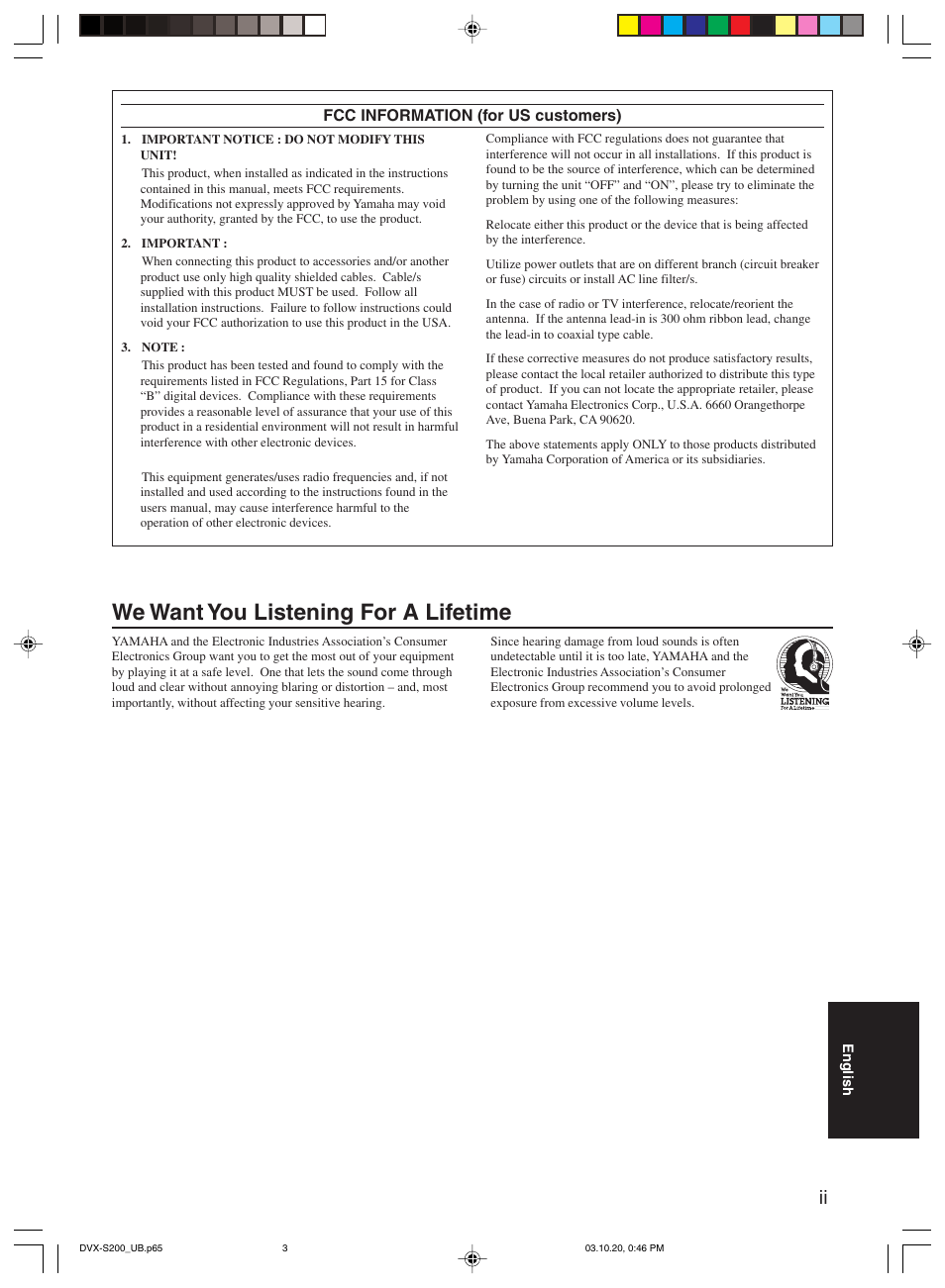 We want you listening for a lifetime | Yamaha DVX-S200 User Manual | Page 3 / 115