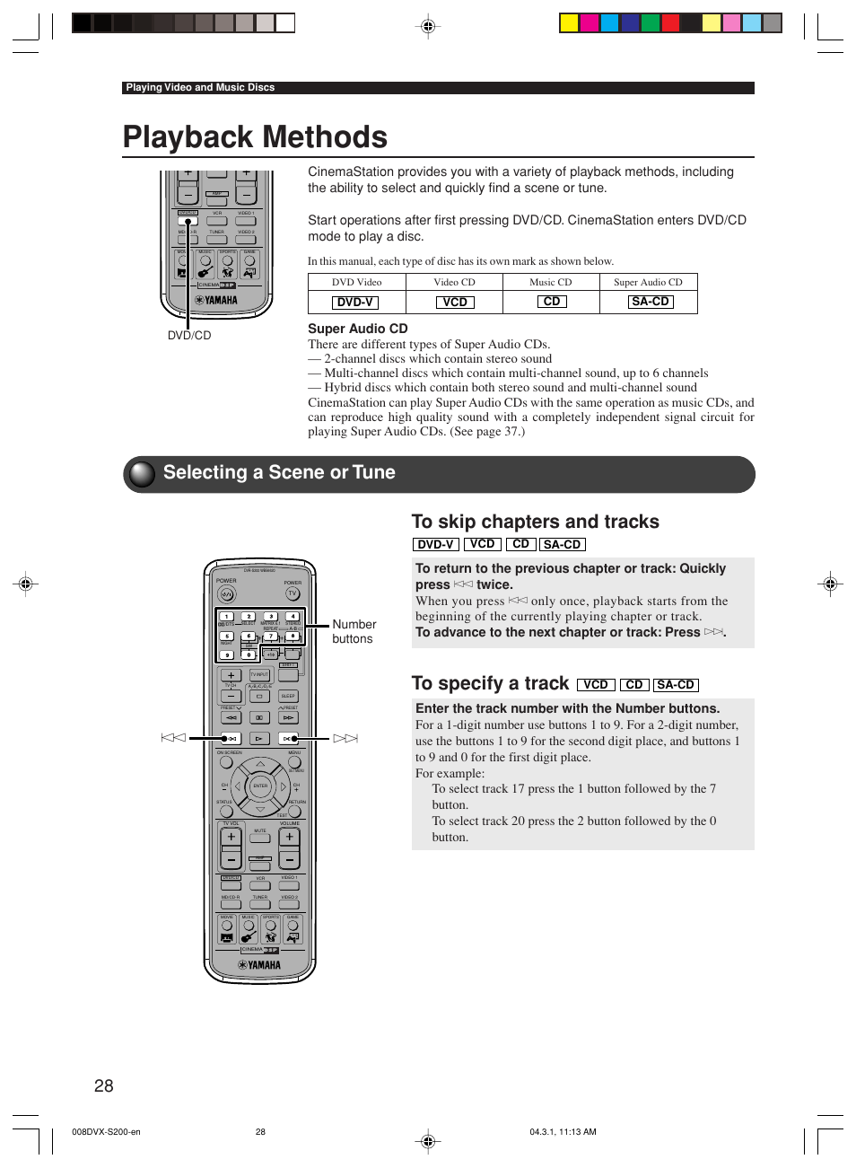 Playing video and music discs, Playback methods, Selecting a scene or tune | Number buttons, Cd vcd, Dvd-v vcd cd, Dvd/cd, Sa-cd, Sa-cd dvd-v cd vcd sa-cd | Yamaha DVX-S200 User Manual | Page 32 / 115