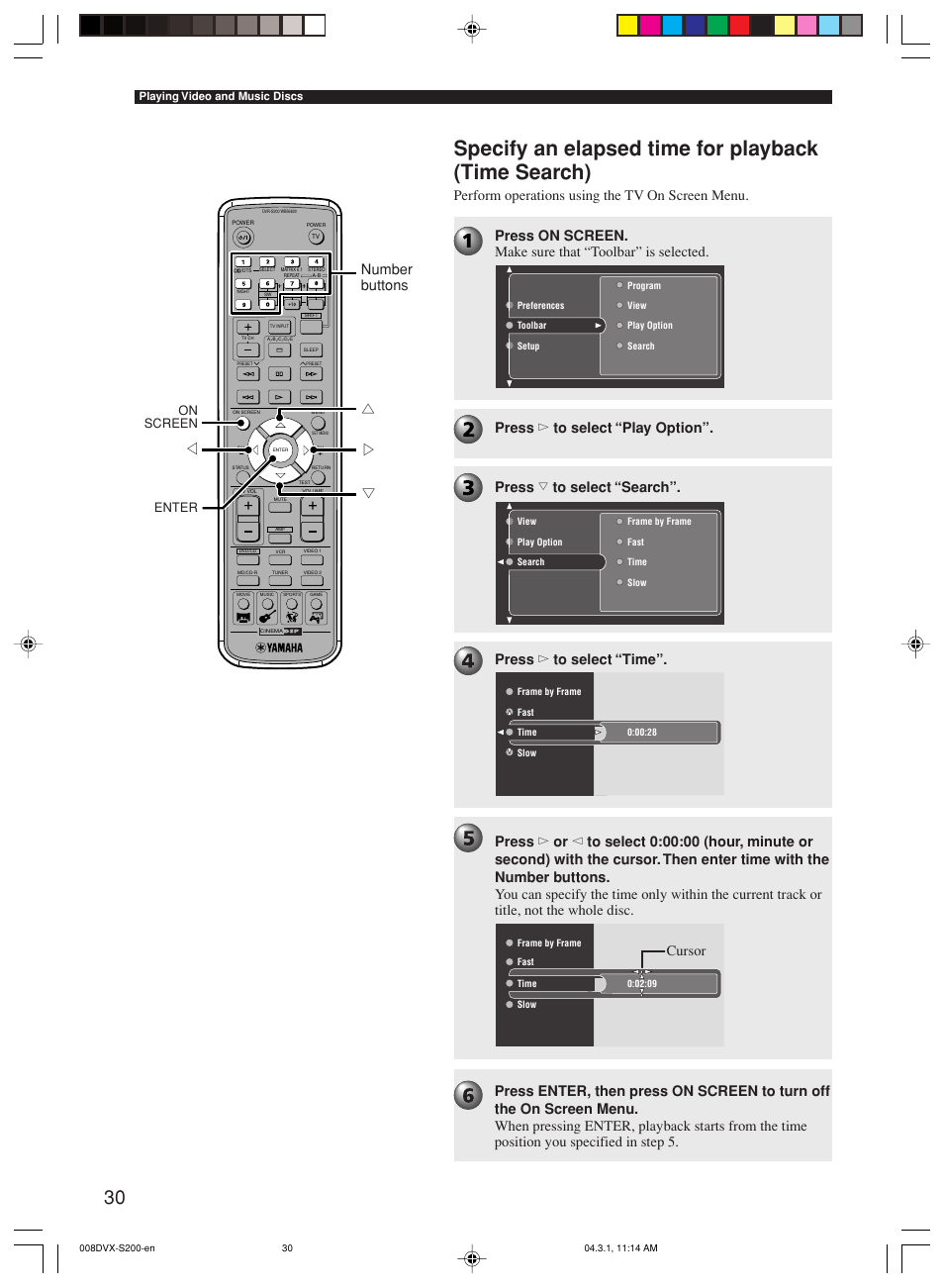 Specify an elapsed time for playback (time search), Perform operations using the tv on screen menu, Cursor | On screen enter | Yamaha DVX-S200 User Manual | Page 34 / 115
