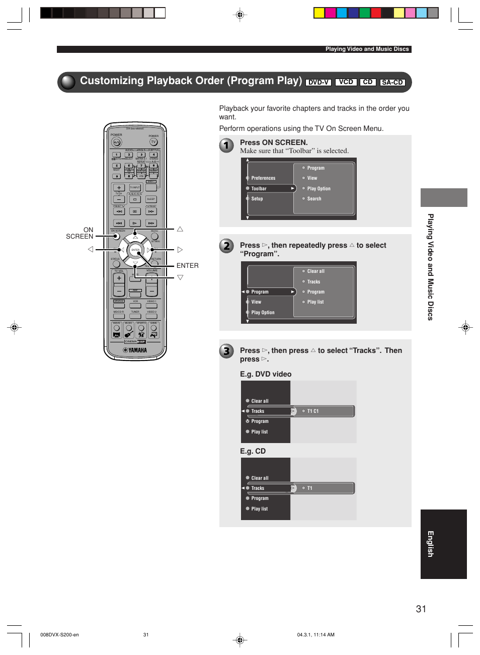 Customizing playback order (program play), Pla ying video and music discs, English | On screen enter, Vcd cd, Dvd-v sa-cd | Yamaha DVX-S200 User Manual | Page 35 / 115