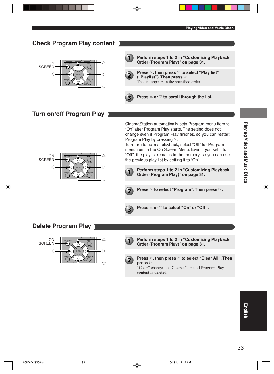 Check program play content delete program play, Turn on/off program play | Yamaha DVX-S200 User Manual | Page 37 / 115