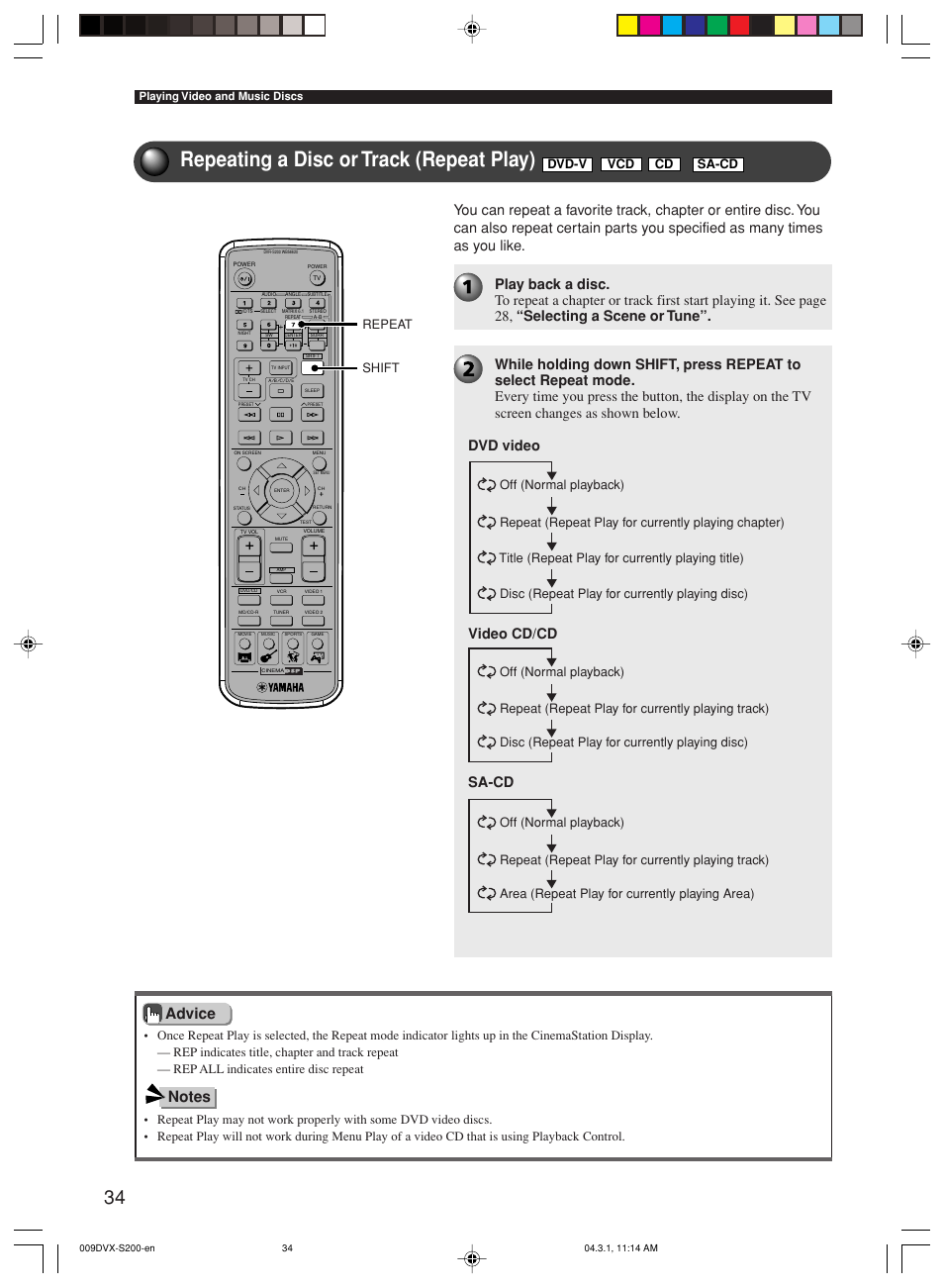 Repeating a disc or track (repeat play), Dvd video video cd/cd, Shift repeat | Dvd-v, Sa-cd | Yamaha DVX-S200 User Manual | Page 38 / 115