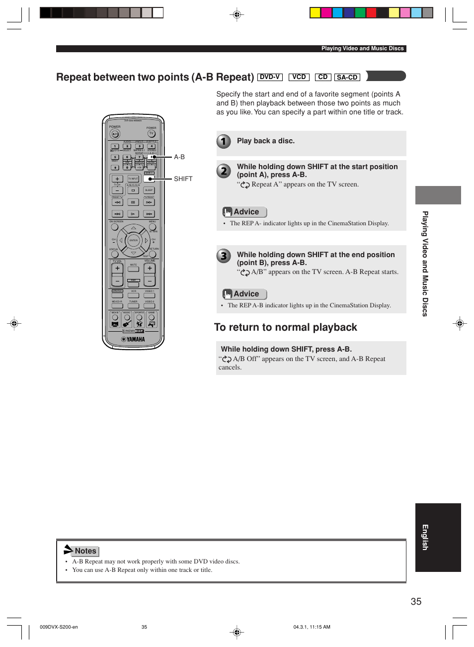 Repeat between two points (a-b repeat), Advice, Pla ying video and music discs english | Dvd-v, Shift a-b, Sa-cd | Yamaha DVX-S200 User Manual | Page 39 / 115