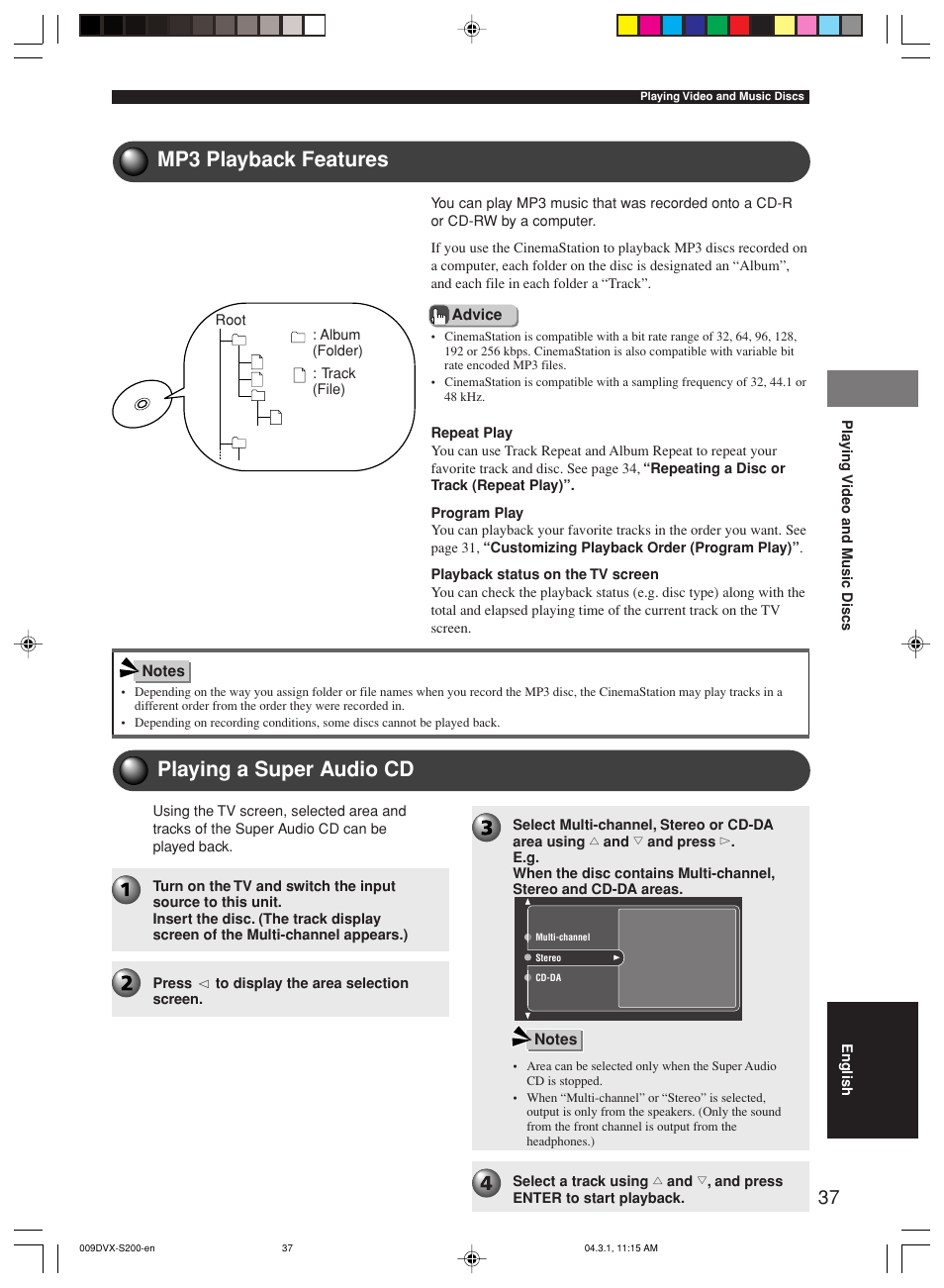 Mp3 playback features, Playing a super audio cd | Yamaha DVX-S200 User Manual | Page 41 / 115