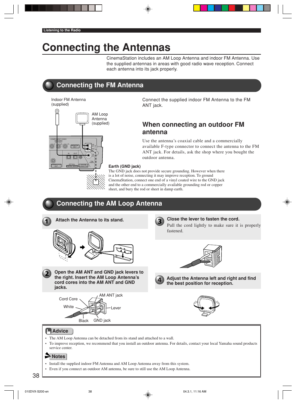 Listening to the radio, Connecting the antennas, Connecting the fm antenna | Connecting the am loop antenna, When connecting an outdoor fm antenna | Yamaha DVX-S200 User Manual | Page 42 / 115