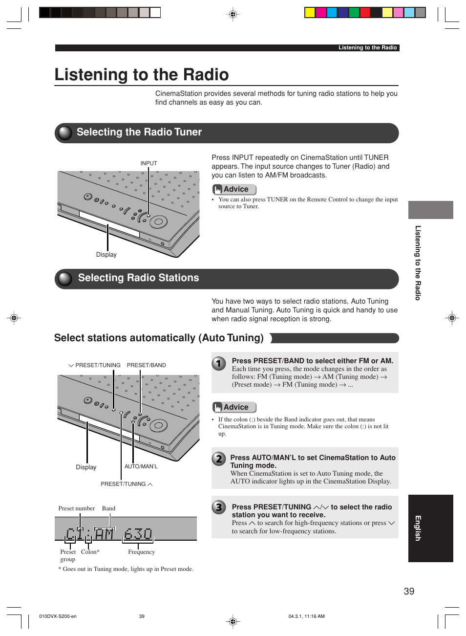 Listening to the radio, Selecting the radio tuner, Selecting radio stations | Select stations automatically (auto tuning) | Yamaha DVX-S200 User Manual | Page 43 / 115