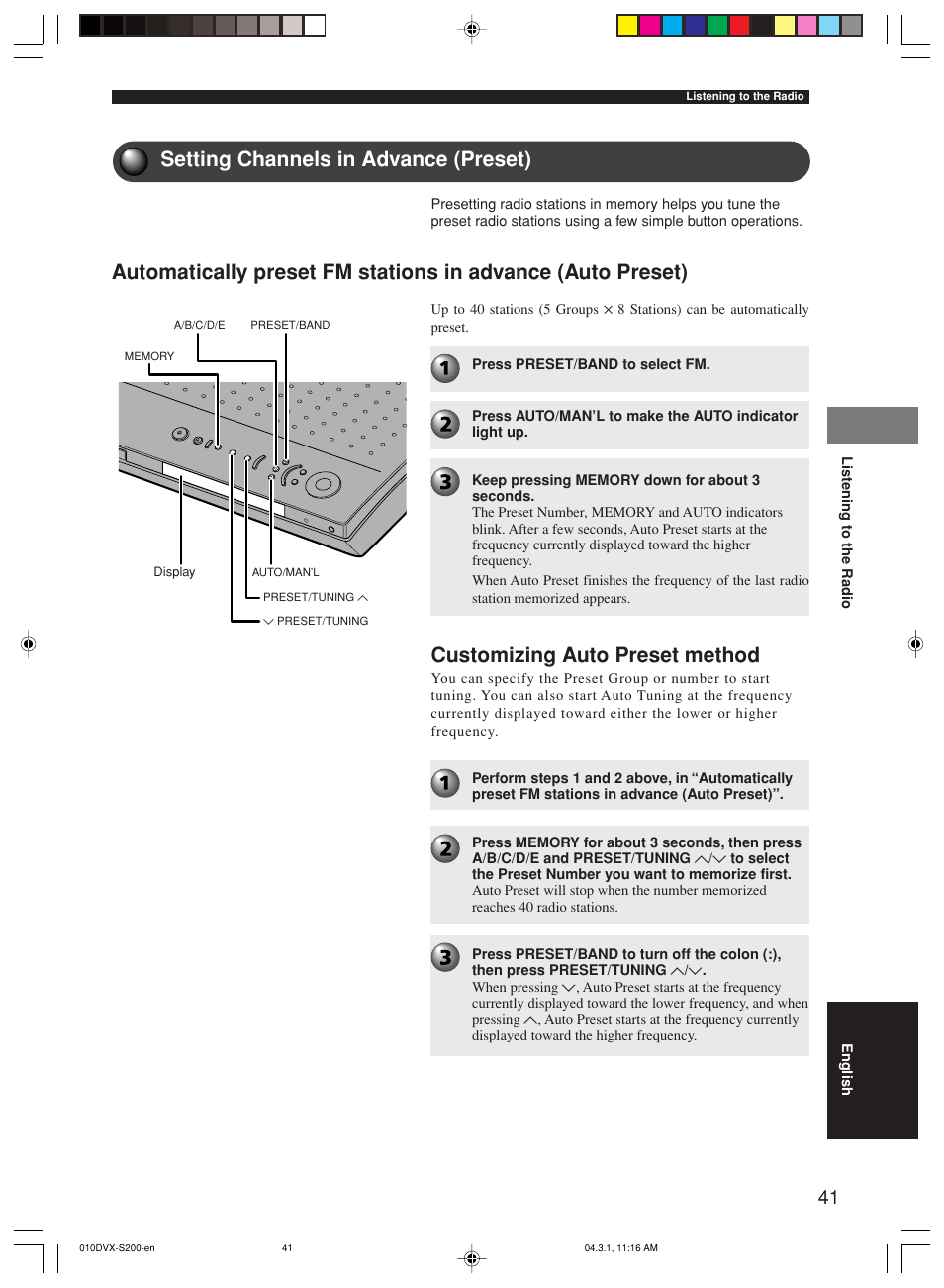 Setting channels in advance (preset), Customizing auto preset method | Yamaha DVX-S200 User Manual | Page 45 / 115