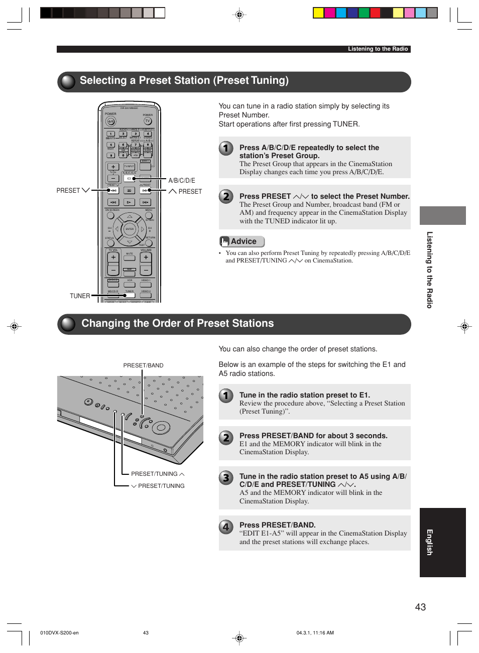 Selecting a preset station (preset tuning), Changing the order of preset stations, Advice | A/b/c/d/e, Preset, Tuner | Yamaha DVX-S200 User Manual | Page 47 / 115