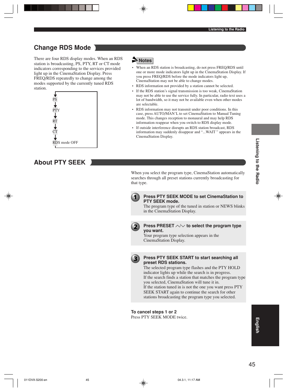 Change rds mode, About pty seek | Yamaha DVX-S200 User Manual | Page 49 / 115