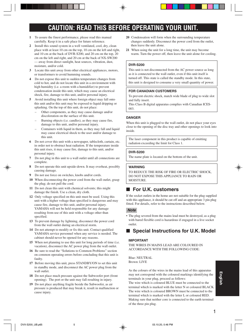 Caution: read this before operating your unit, For u.k. customers, Special instructions for u.k. model | Yamaha DVX-S200 User Manual | Page 5 / 115