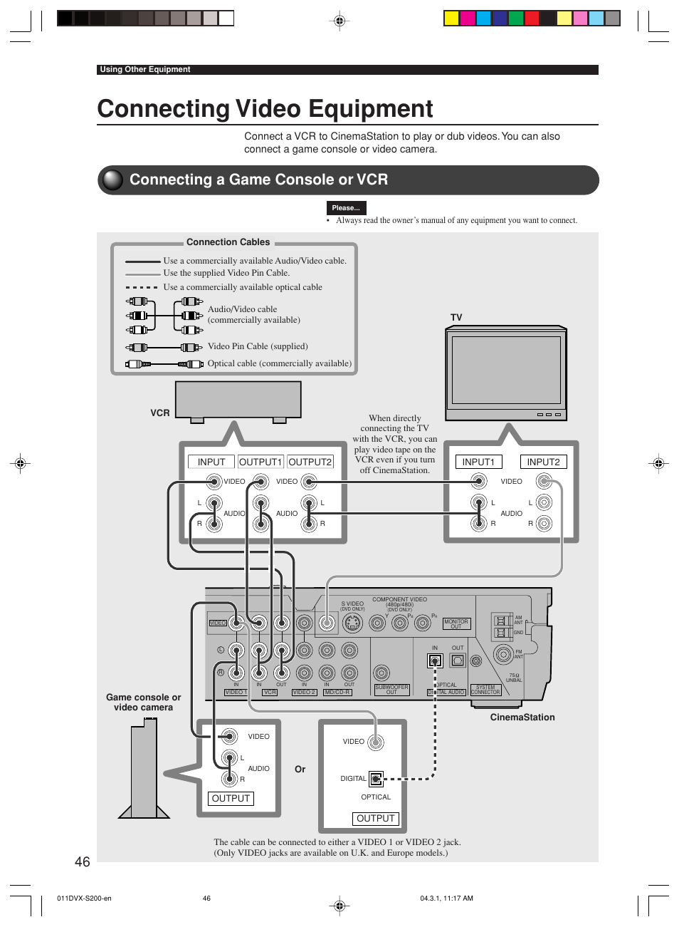 Using other equipment, Connecting video equipment, Connecting a game console or vcr | Yamaha DVX-S200 User Manual | Page 50 / 115