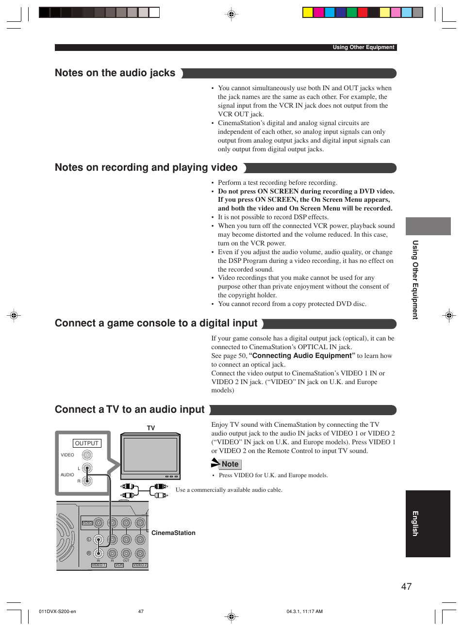 Connect a game console to a digital input, Connect a tv to an audio input | Yamaha DVX-S200 User Manual | Page 51 / 115