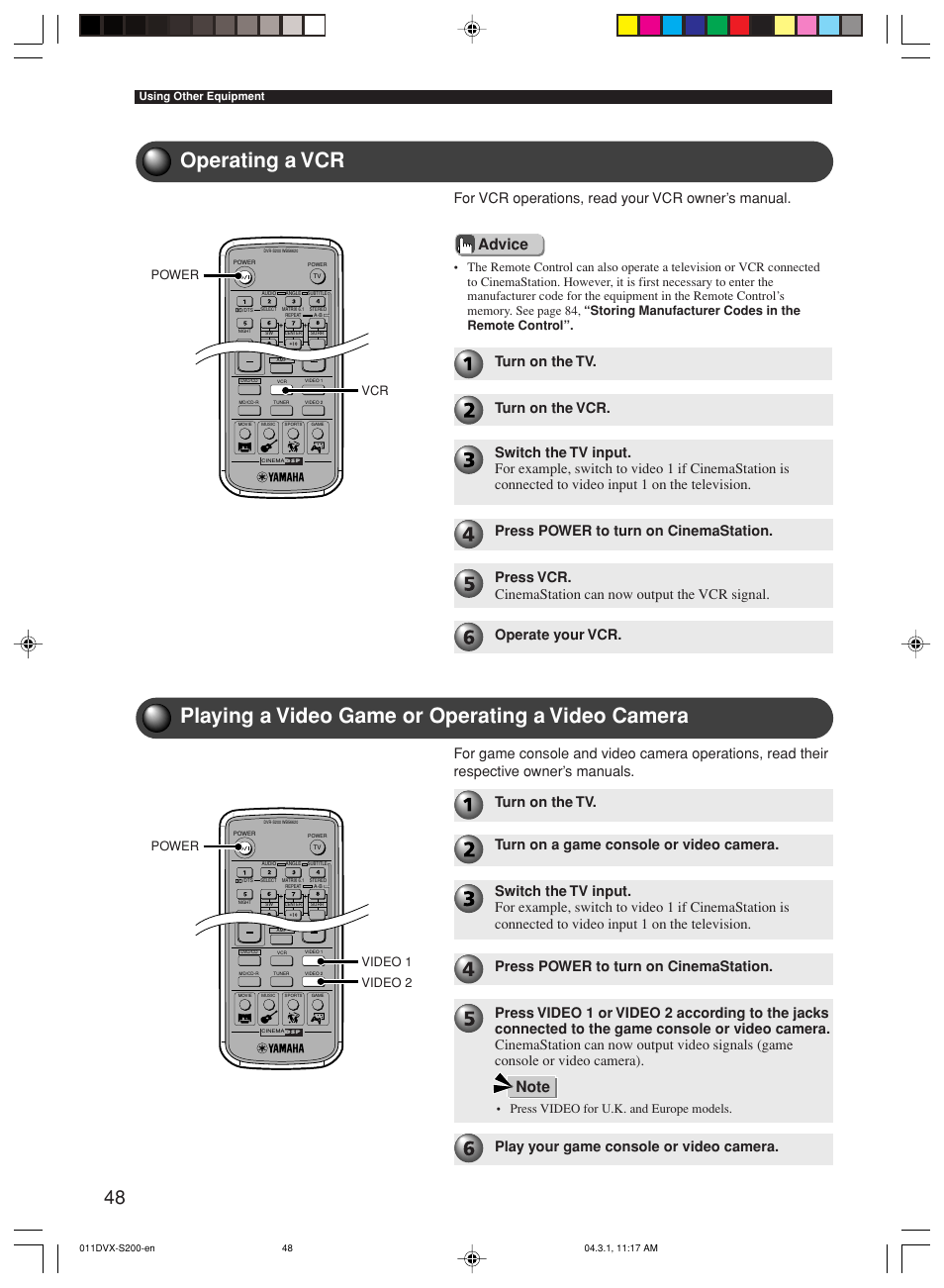 Operating a vcr, Playing a video game or operating a video camera, Advice | For vcr operations, read your vcr owner’s manual, Power video 1 video 2, Press video for u.k. and europe models, Power vcr | Yamaha DVX-S200 User Manual | Page 52 / 115