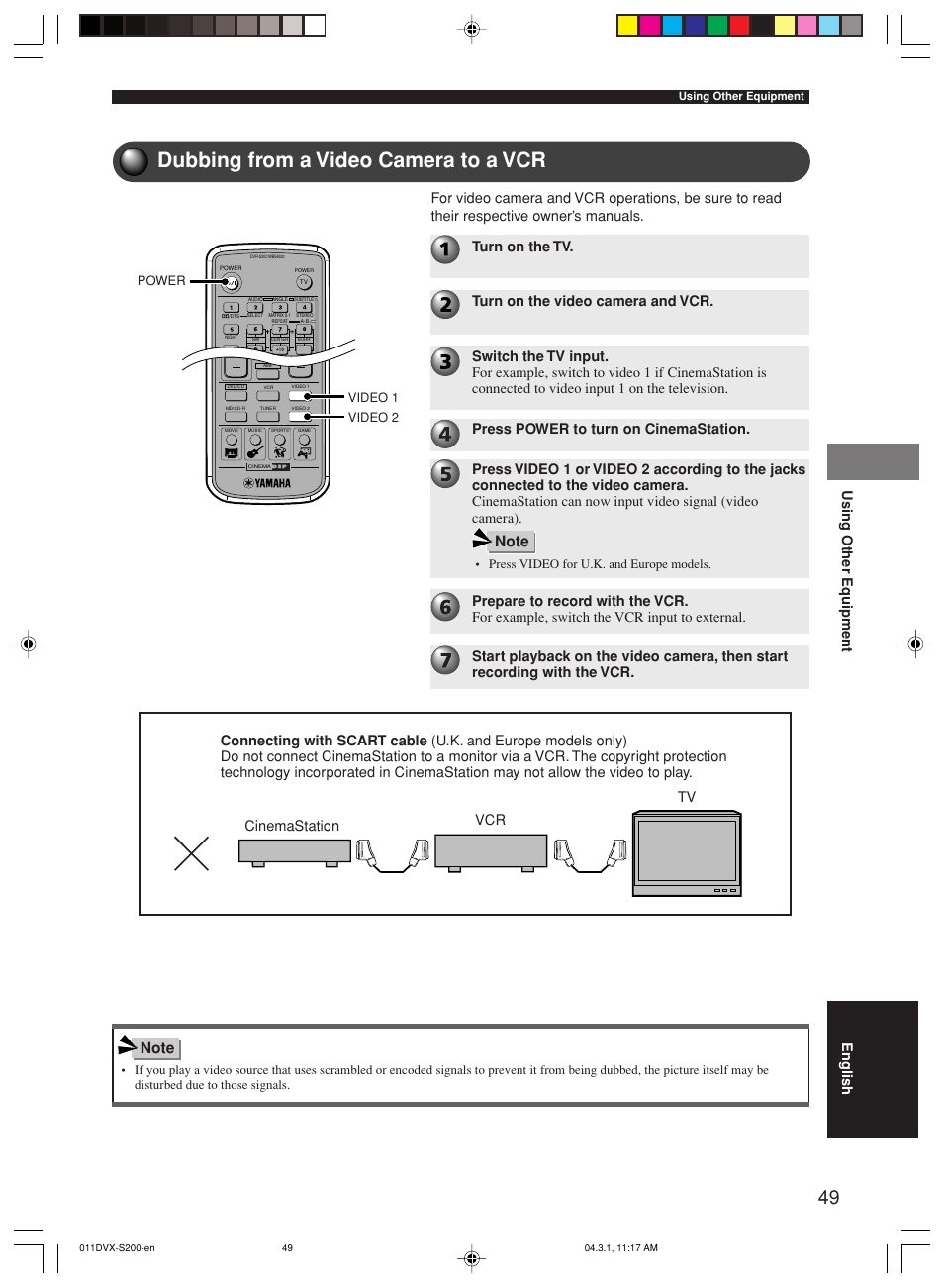 Dubbing from a video camera to a vcr, Using other equipment english, Press video for u.k. and europe models | Yamaha DVX-S200 User Manual | Page 53 / 115