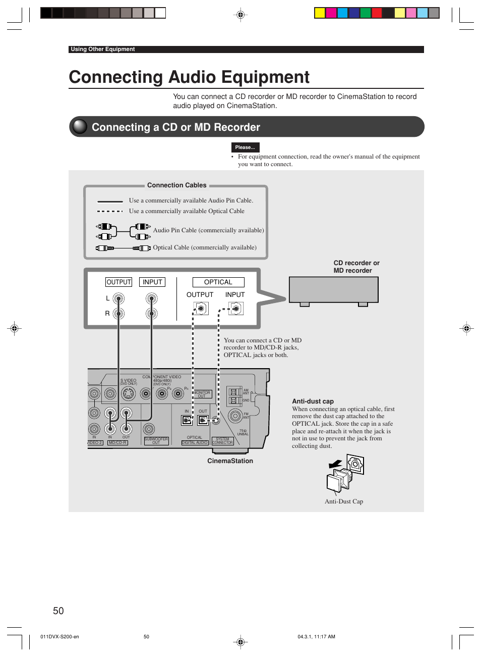 Connecting audio equipment, Connecting a cd or md recorder | Yamaha DVX-S200 User Manual | Page 54 / 115